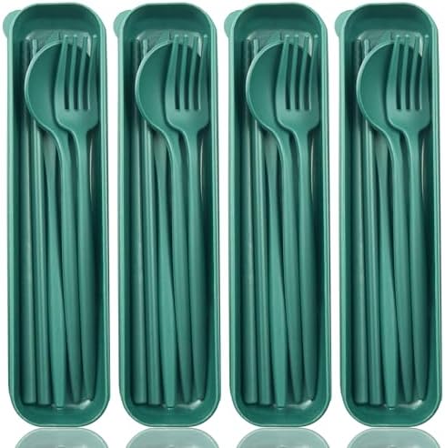 ELANE 4 Sets Reusable Travel Utensils Set with Case,Camping Cutlery Set Reusable Cutlery Set with Case,Utensil Sets for Lunch Picnic Daily Use Outdoor (darkgreen)