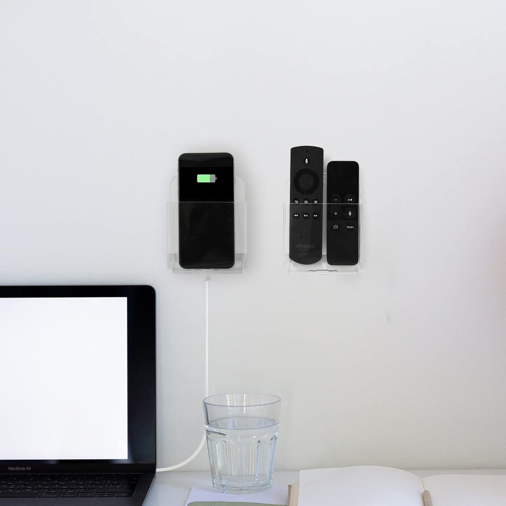 Cosmos Pack of 2 Acrylic Remote Control Holder Adhesive Wall Mount Phone Holder Wall Mount Organizer Media Storage Box Phone Charging Storage Box for Home Office Living Room Bedroom (Transparent)