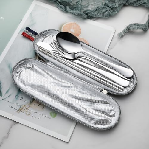 DEVICO Travel Utensils with Case, 5 Piece Portable Silverware Set for Work
