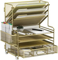MINDEPOT 4-Tier Paper Organizer + 3-Pocket File Holder + Drawer + Pen Holders, Desktop File Organizers Paper Tray for Office Supplies School Classroom Organization (Gold, with Drawer & Pen Holder)