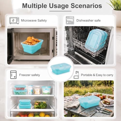 4Pcs Collapsible Food Storage Containers with Lid,Blue Square,4Size