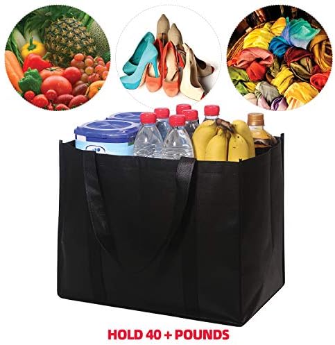 DIOMMELL Set of 10 Reusable Grocery Bags Extra Large Foldable Heavy Duty Shopping Tote Produce Bag with Reinforced Handles, Black