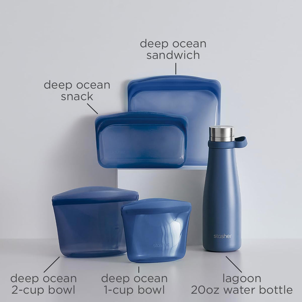 Stasher On-The-Go Boxed Starter Kit 5-Pack, Premium Silicone Reuseable Food Storage Bags, Deep Ocean, Water Bottle, Multi-Use Travel Containers, BPA Free, Leak-free, Dishwasher Safe, Eco-Friendly