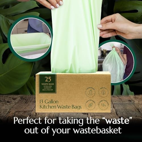 Cleanomic Compostable* 13 Gallon Waste Bags with Drawstring (3 Pack, 75 Count), BPI Certified For Kitchen Compost