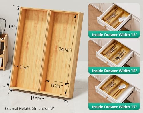 Bamboo Kitchen Drawer Organizer Set of 2, 15" x 6" Stackable Wood Tray