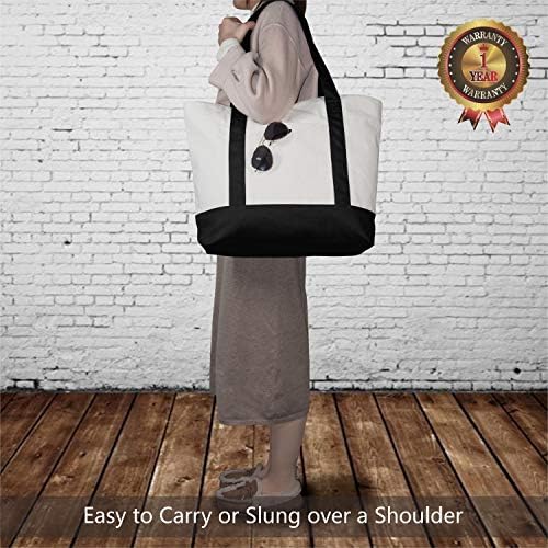 TOPDesign 3-Pack Canvas Tote Bags with an External Pocket, Reusable Grocery Shopping Bags, Top Zipper Closure, Daily Essentials (Black/Natural)
