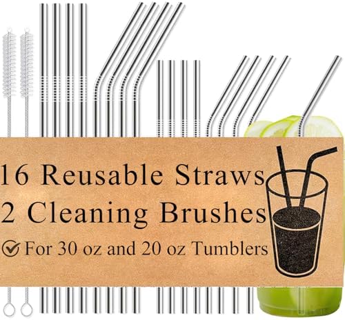 18-Pack Reusable Stainless Steel Metal Straws with Cleaning Brush - Long Metal Straws Drinking for 30 oz and 20 oz Tumbler Eco Friendly