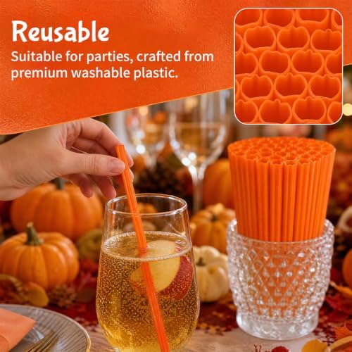 JANYUN 30 Pcs Reusable Pumpkin Straws with Cleaning Brush