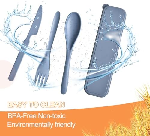 Travel Utensils with Case, 4 Sets Reusable Utensils Set with Case, Wheat Straw Utensils for Lunch Box Accessories, Camping Utensil Set for School Work Lunch or Daily Use