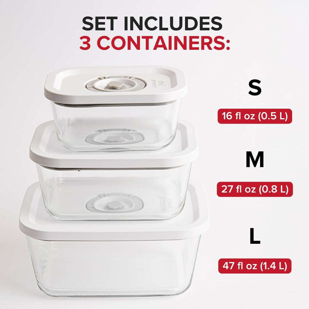 Chef Preserve Glass Vacuum Seal Containers for Food Storage, Made For Compact Vacuum Sealer, 3pcs set [1x Small, 1x Medium, 1x Large] Works With Handheld Vacuum Sealer Machine