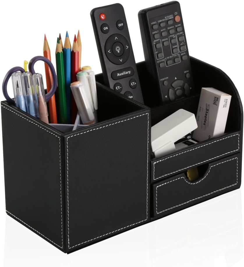 KINGFOM Desk Organizer Office Supplies Caddy Pu Leather Multi-function Storage Box Pen/Pencil,Cell phone, Business Name Cards Remote Control Holder with Small Drawer Black