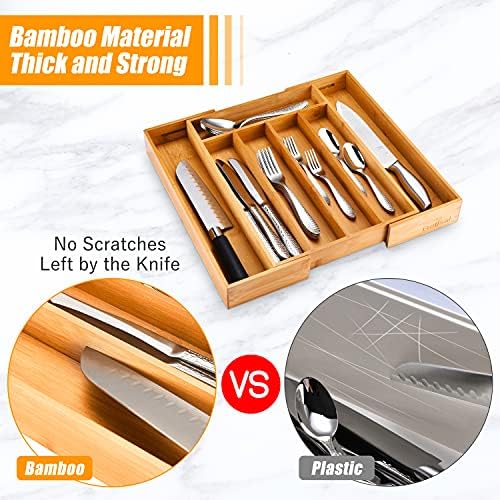 Bellsal Silverware Organizer Kitchen Drawer Organizer Expandable Bamboo Utensil Holder Cutlery Tray for Kitchen Utensil and Flatware Bedroom Office (Pack of 2)