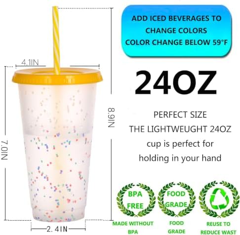 Color Changing Cups, 12 Pack 24oz Plastic Tumblers, Reusable Iced Coffee & Smoothie Cups with Lids and Straws for Parties and Travel (Rainbow, 12 Pack)