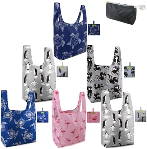 BeeGreen Animals Reusable Grocery Bags Turtle Peguins Flamingo Octopus Reusable Kitchen Bags Bulk Foldable-Machine Washable with Zipper Storage Pouch 6 Packs