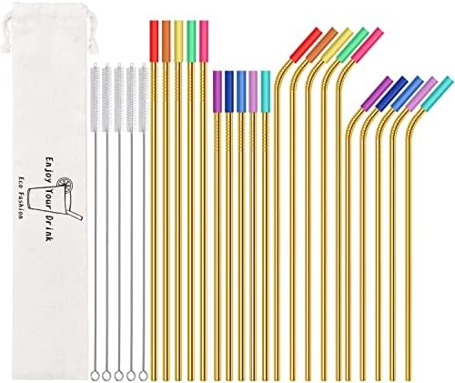 20 Pcs Gold Reusable Stainless Steel Straws,10.5" & 8.5" Reusable Drinking Straws with 20 Silicone Tips 5 Straw Brushes 1 Travel Case,Eco Friendly Extra Long Metal Straw for 20 24 30 oz Tumbler