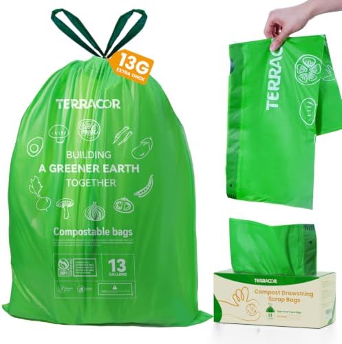 13 Gallon Compostable Trash Bags Drawstring, Heavy Duty Extra Thick 1 Mil, 35 Bags, Tall Kitchen Food Scrap Waste Bag, ASTM D6400