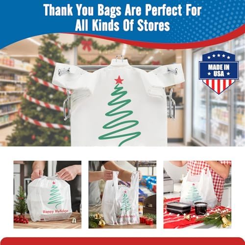 Fuxury 1000 Count Happy Holiday Christmas Tree Plastic Bags with Handles