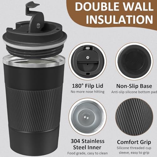 4 Pack Insulated Coffee Mug with Lid 17oz Travel Coffee Tumbler Stainless Steel Reusable Coffee Cups Thermal Coffee Mug for Hot and Iced Cold Drinks, Black