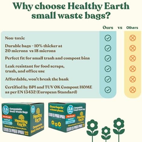Healthy Earth 2.6 Gallon Compostable Trash Bags – 100 Count Small Trash & Kitchen Compost Bags for Countertop Bins, Extra Thick Plant-Based Food Scrap Liners, BPI & TÜV Certified ASTM D6400