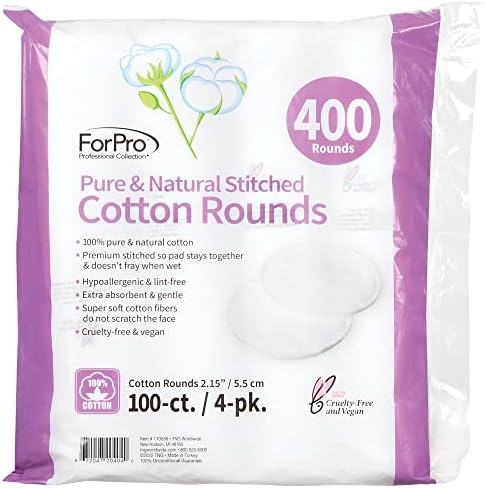 ForPro Pure & Natural Stitched Cotton Rounds for Face (400-Count), 100% Pure Cotton Makeup Remover Pads, Hypoallergenic, Lint-Free, Vegan & Cruelty-Free, Pack of 8-100 Cotton Pads
