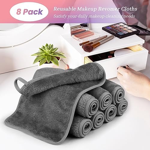 Makeup Remover Cloth Pack of 8, Soft Microfiber Makeup Remover Towels,13x7 inch Reusable Facial Cleansing Cloths for All Skin Types,Gray