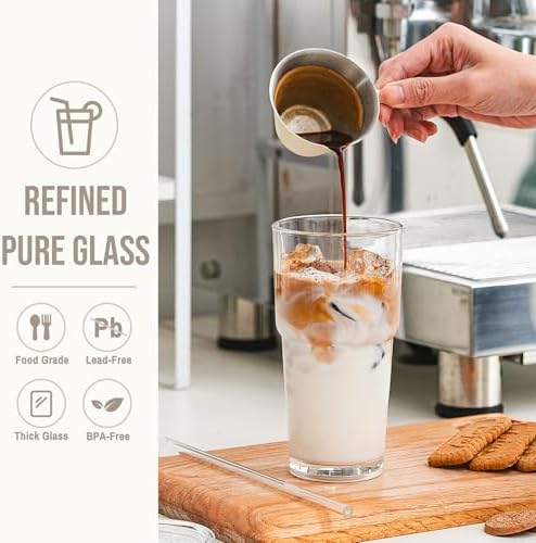 SoulTimes 20oz Clear Tumbler with bamboo Lid and Straw – Iced Coffee Glasses Cups for Smoothie, Matcha, Juice, Water etc. Leakproof and Reusable Glassware Drinking for Travel To Go 【4 Pack】