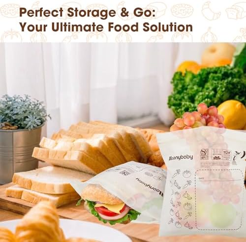 Moonybaby Compostable Sandwich Size Food Storage Bags (30 Count), Organic Food Storage Container with Food-Safe Zip Seal, Freezer and Leak Proof