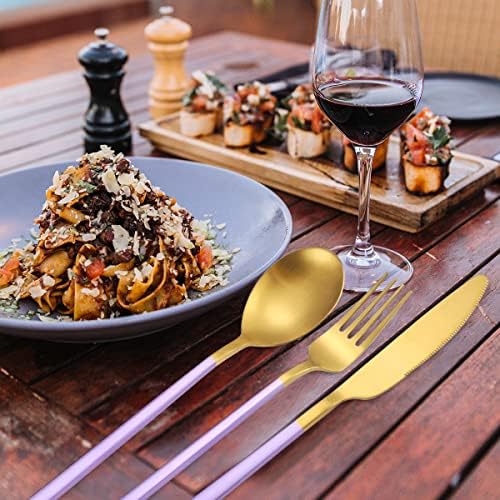 AARainbow 8 Pieces Stainless Steel Flatware Set Portable Reusable Cutlery Set Travel Utensils Set Including Chopsticks Knife Fork Spoon Straws Cleaning Brush Dishwasher Safe (B-Purple Golden)