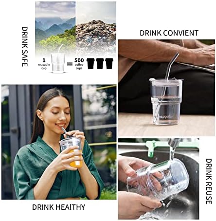 BLUEPOLAR 13oz/400ml Glass Water Tumbler with Straw and Lid Sealed Carry On Thick Wall Iced Coffee Cup Glass Cup for Water, Iced Tea Fruit Juice Etc (White-2Pack)