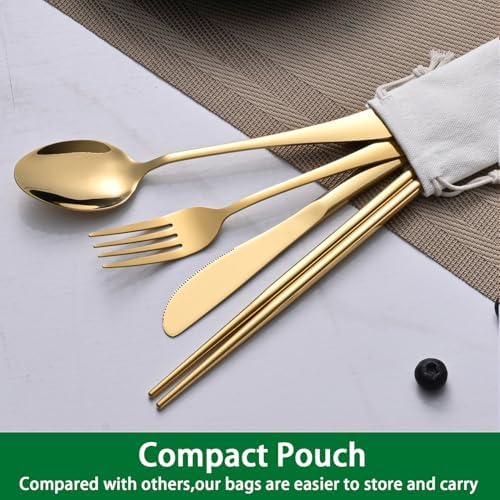 DEHOV Gold Travel Utensils Set With Pouch,Outdoor Camping Silverware Set For Picnic Gadgets,Set Of 5 Portable Cutlery Spoon And Fork Set With Case For Dining