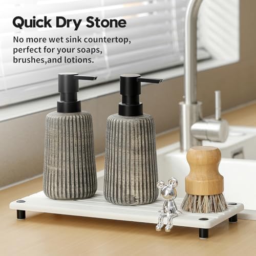 Razborci Instant Dry Sink Caddy Kitchen Sink Organizer, Quick Drying Stone Tray Diatomite Sponge Holder Soap Dish, Bathroom Countertop Fast Dry Water Absorbing Vanity Rack, White, 12" x 5"
