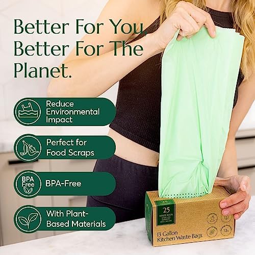 Cleanomic Compostable* Waste Bags with Drawstring (13 Gallon, 25 Units, Tall), BPI Certified For Kitchen Compost