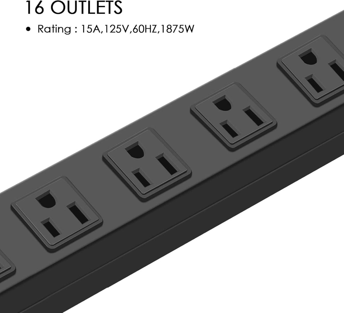 HHSOET 16-Outlet Metal Wall Mount Power Strip, 15 ft 14AWG Power Cord, 15A 125V 1875W, Black
