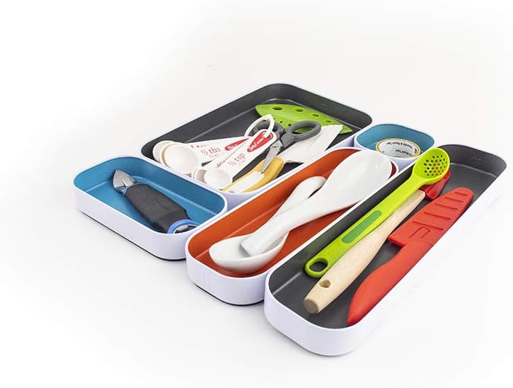 Three by Three Seattle 5 Piece Metal Organizer Tray Set for Storing Makeup, Stationery, Utensils, and More in Office Desk, Kitchen and Bathroom Drawers (1 Inch, Gray, Sky Blue, Orange)