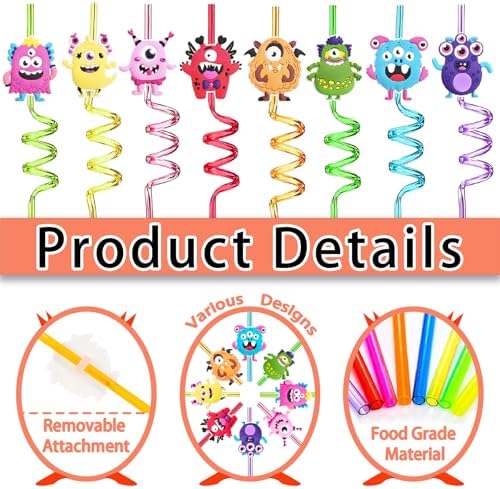 24 Reusable Monster Silly Crazy Straws for Kids School Birthday Party Favor