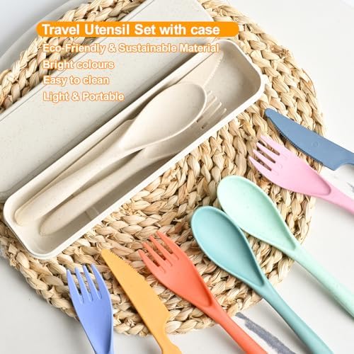 Travel Utensils with Case, 4 Sets Reusable Utensils Set with Case, Wheat Straw Utensils for Lunch Box Accessories, Camping Utensil Set for School Work Lunch or Daily Use