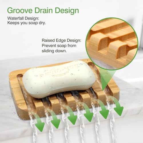 Self-Draining Bamboo Soap Dish – Natural One-Piece Soap Saver for Shower, Bathroom, Kitchen Sink, and Bathtub with Anti-Slip Design