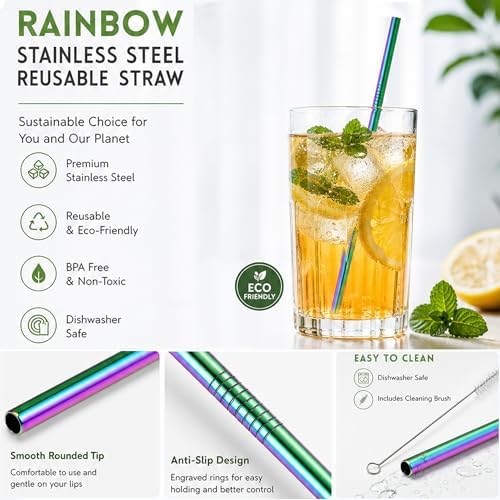 16 Pack Rainbow Stainless Steel Straws for 20 oz Tumblers, 8 Straight and 8 Bent Reusable Metal Straws with 4 Cleaning Brushes, Rainbow Colored, Fits Insulated Cups