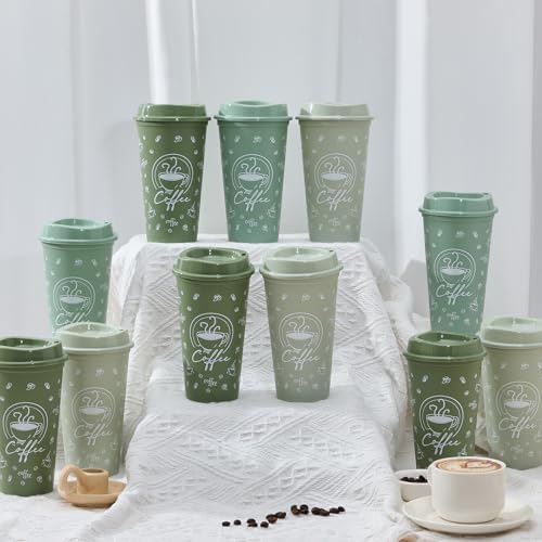 12 Sets Reusable Coffee Cups with Lids, 16oz, Green Series
