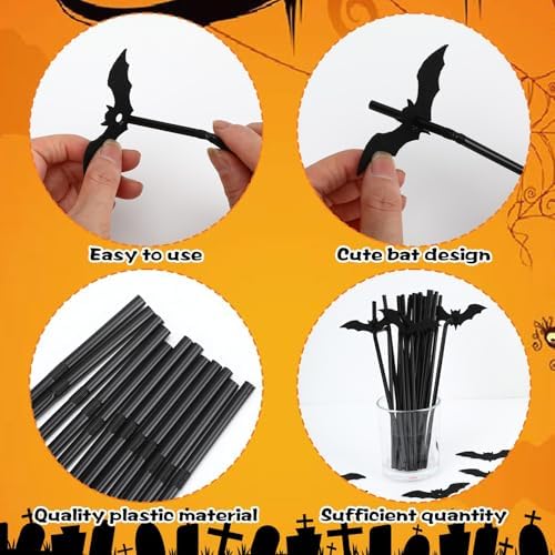 JANYUN 40 Pcs Black Halloween Straws Plastic with Glitter Bat Toppers