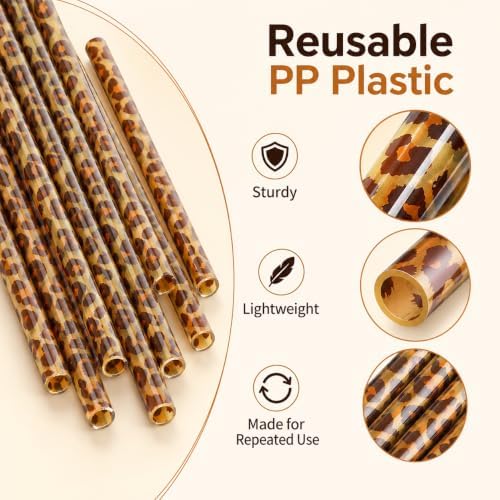 50 Pcs Reusable Leopard Straws, Plastic Cheetah Animal Straws and Cleaning Brush for Women Tumblers Drinking Safari Wild Birthday Party