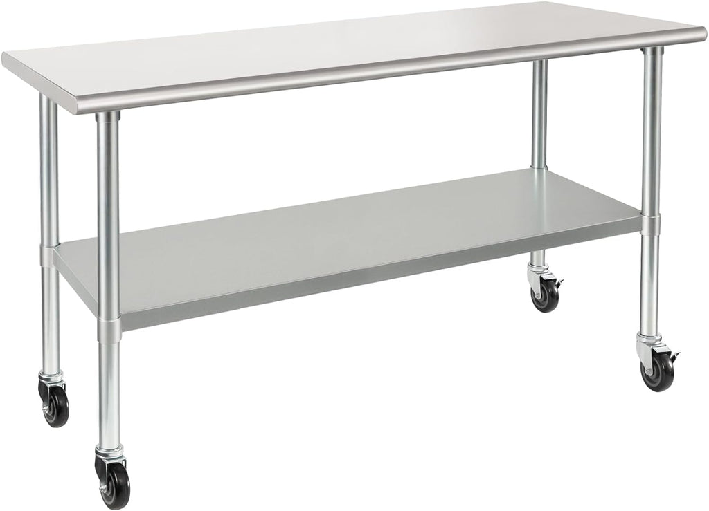HARDURA Stainless Steel Table with Wheels 24 x 60 Inches Casters NSF Heavy Duty Commercial Work & Prep Table with Undershelf and Galvanized Legs for Restaurant Kitchen Bar and Hotel Garage