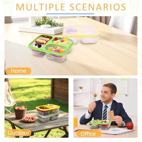 2 Pack Big Collapsible Full Silicone Bento Lunch Boxes With Lids, 3 Compartments, 45.6oz, Clear Divided Lunch Food Storage Containers, Safe in Microwave, Dishwasher and Freezer, BPA Free