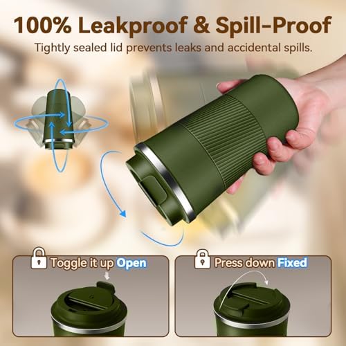 12OZ Travel Coffee Mug Insulated Coffee Cup with Spill Leak Proof Lid, Portable Stainless Steel Tumbler Reusable Hot and Cold Water Mug for Car, Daily, Camping- Military Green