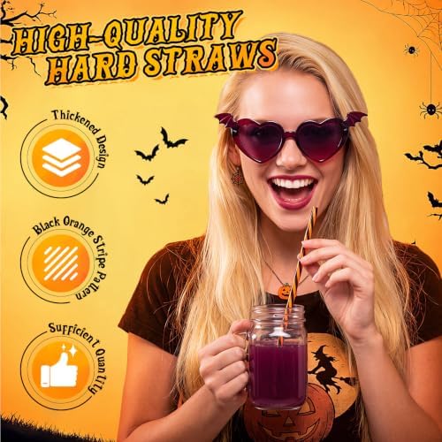 Honeydak 50 Pcs Reusable Plastic Straws Bulk,Black and Orange Stripe