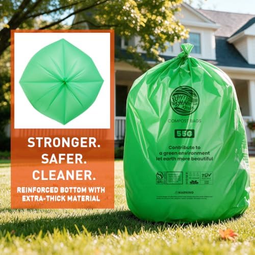 55-60 Gallon Compostable Trash Bags Liners, Heavy Duty Extra Thick 1.57 Mil, 208.2 Liter, 15 Bags, Lawn, Yard, and Restaurant Use, ASTM D6400, US BPI, OK Compost Home Certified