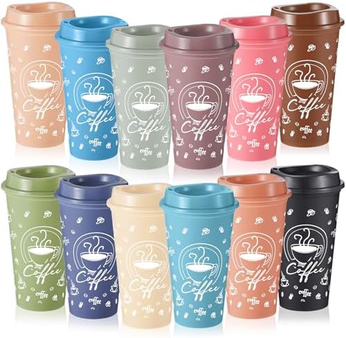 12 Sets Reusable Coffee Cups with Lids, 16oz, Morandi