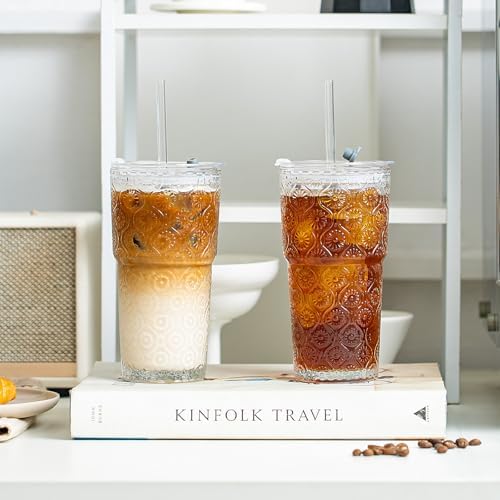 SoulTimes 20oz Begonia Flower Glass Tumbler with Bamboo Lid and Straw–Iced Coffee Glasses Cups for Smoothie, Matcha, Juice, Water etc. Leakproof and Reusable Glassware Drinking for Travel To Go [2Pcs]