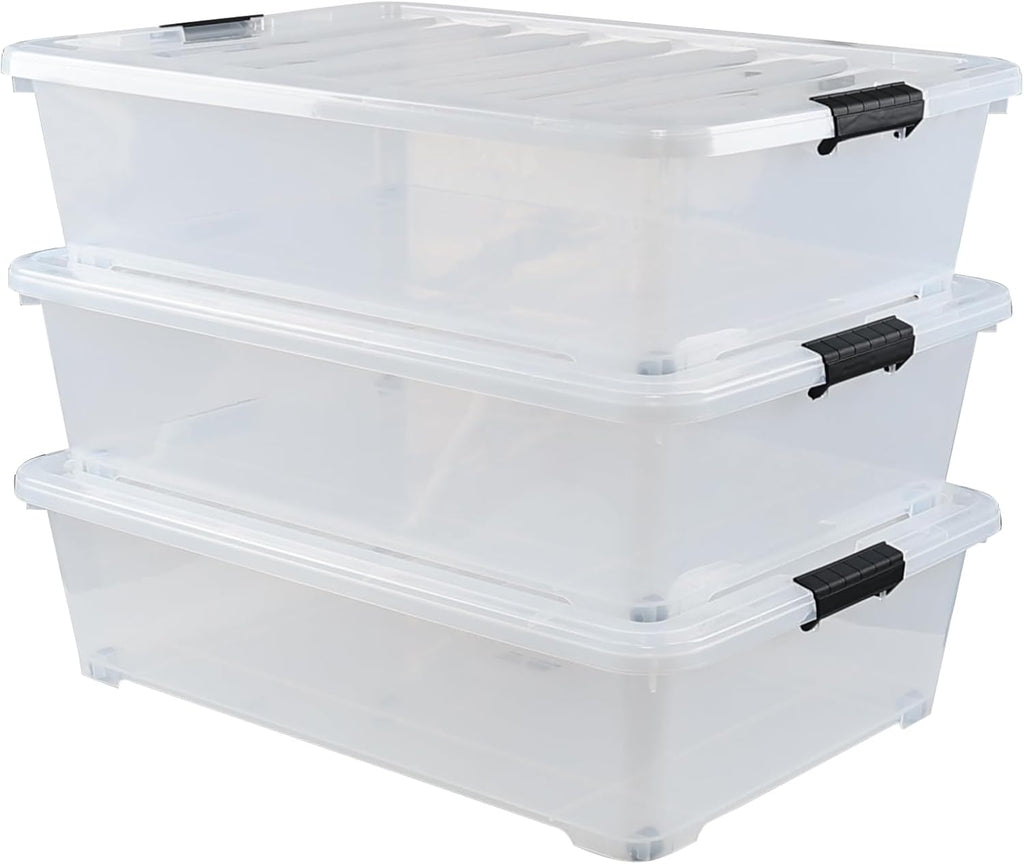 50 Quart Large Clear Underbed Boxes with Wheels, Stackable Plastic Storage Bin with Lids, 3 Packs