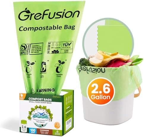 GreFusion 2.6 Gallon Compostable Trash Bags, 100 Count, Extra Thick 0.71 Mil, Certified by BPI and ASTM D6400, Perfect Fit for Small Trash Cans